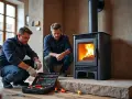 Deux hommes travaillent sur un poêle Invicta allumé, avec une boîte à outils ouverte.