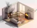 Comparaison : poêle à bois sans prise d'air extérieure (fumée, faible rendement) vs poêle moderne avec prise d'air extérieure (conforme RE2020).