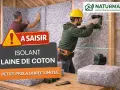 Pose d'isolant en laine de coton recyclé par des ouvriers.
