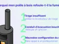 Illustration d'un poêle à bois avec un conduit. Le texte explique les causes d'un mauvais tirage poêle à bois : tirage insuffisant, conduit bouché ou mauvaise configuration.