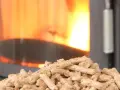 Un tas de granulés de bois attend patiemment devant un poêle à granule en feu. La chaleur réconfortante du feu promet une ambiance chaleureuse.