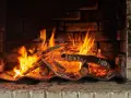 Un feu crépite dans une cheminée, réchauffant des morceaux de chêne bois de chauffage. Les flammes dansent joyeusement.