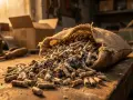 Sac de granulés de bois renversé sur un établi, prêt pour le stockage dans un garage.