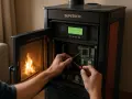 Mainteneur travaillant sur la carte mère d'un poêle à granulés, peut-être pour résoudre un code erreur poêle à granulés. Flammes visibles dans le foyer.