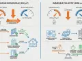 Comparaison des émissions de CO2 pour une maison individuelle et un immeuble collectif, illustrant les gains grâce à l'isolation et aux énergies renouvelables.