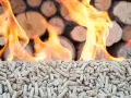 Flammes au-dessus de granulés de bois et de bûches empilées.