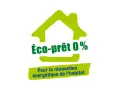 Logo d'une maison verte stylisée, annonçant un "Éco-prêt 0%" pour la rénovation énergétique.