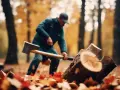 Un homme coupe du bois de chauffage en automne. Les feuilles tombées jonchent le sol.