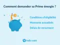 Illustration d'une personne plaçant une pièce dans une tirelire bleue. Le texte indique "Comment demander sa Prime énergie ?", avec des détails sur les conditions, montants et délais.
