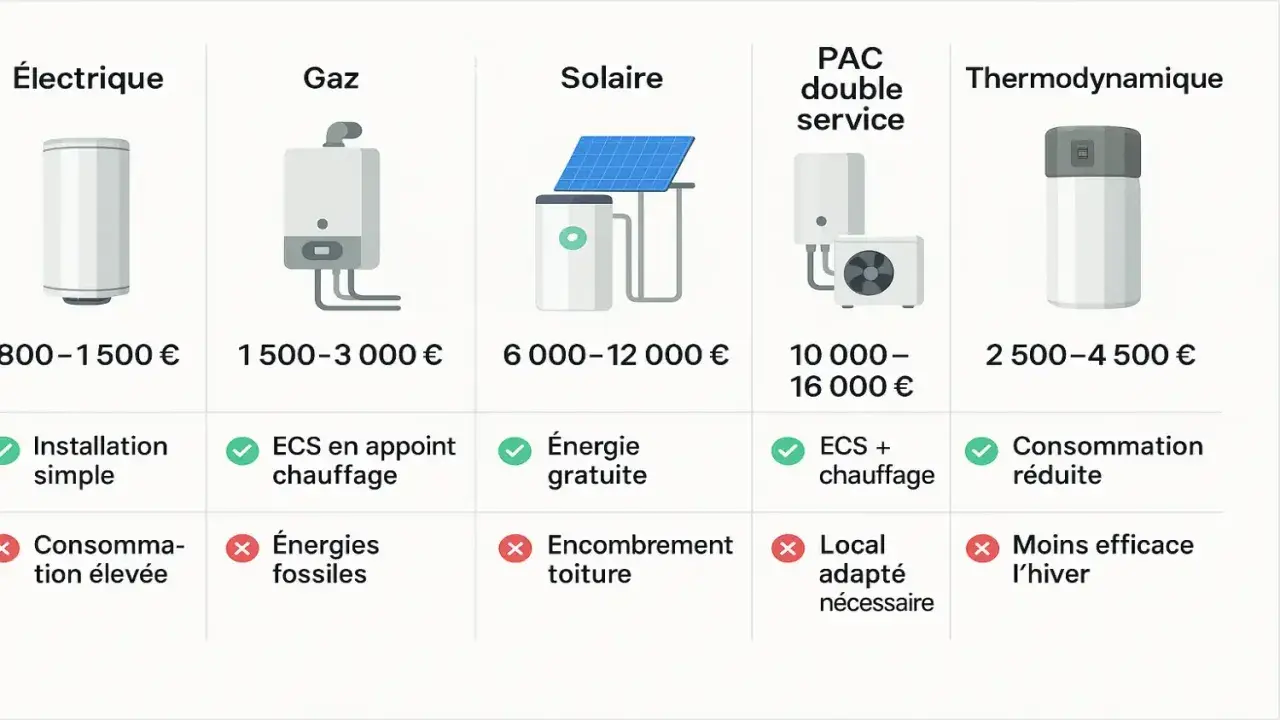 Comparatif des systèmes de chauffage : électrique, gaz, solaire, PAC double service et thermodynamique. Le chauffe eau thermodynamique est une option intéressante pour le dispositif Prime Renov.
