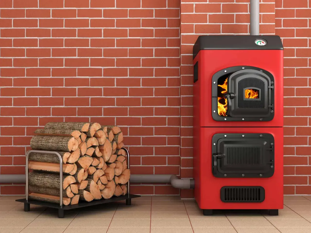 Une chaudière biomasse rouge flamboyante, avec une porte ouverte révélant des flammes vives, est prête à chauffer une maison. À côté, une pile de bois de chauffage attend patiemment.