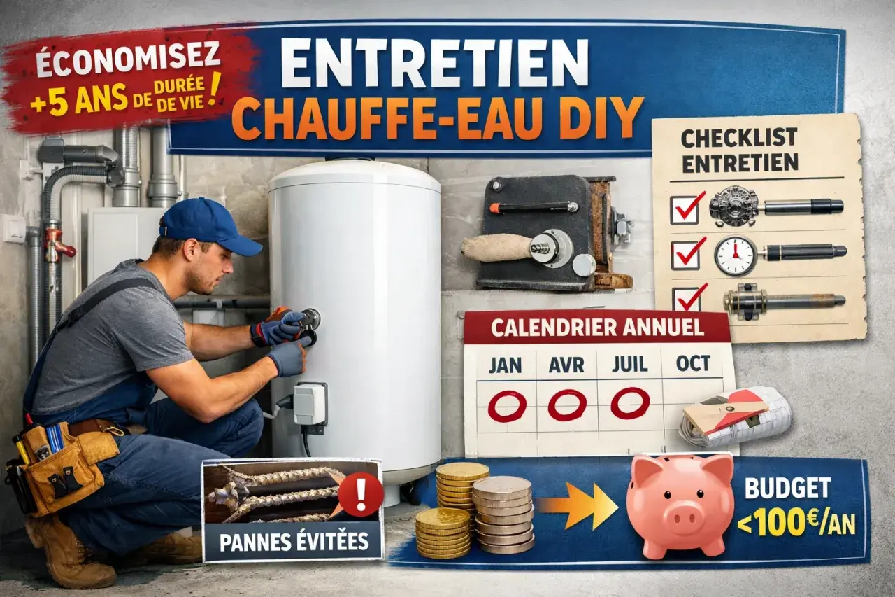 Un homme effectue l'entretien d'un chauffe-eau. Un calendrier et une tirelire indiquent un budget annuel <100€.
