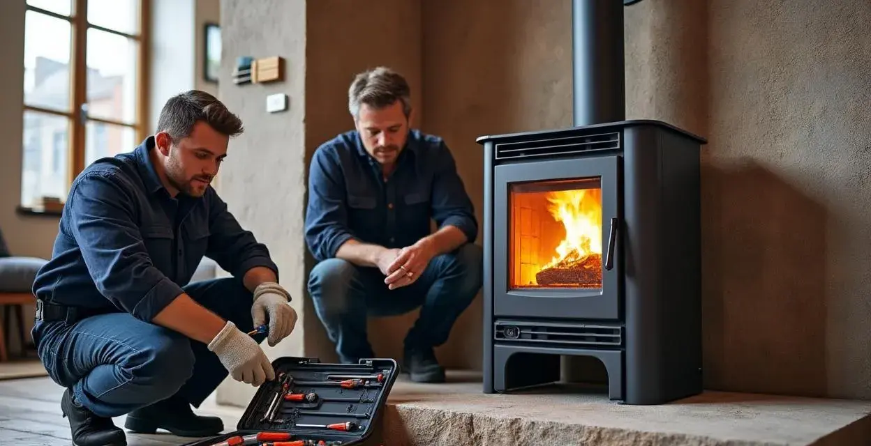 Deux hommes travaillent sur un poêle Invicta allumé, avec une boîte à outils ouverte.