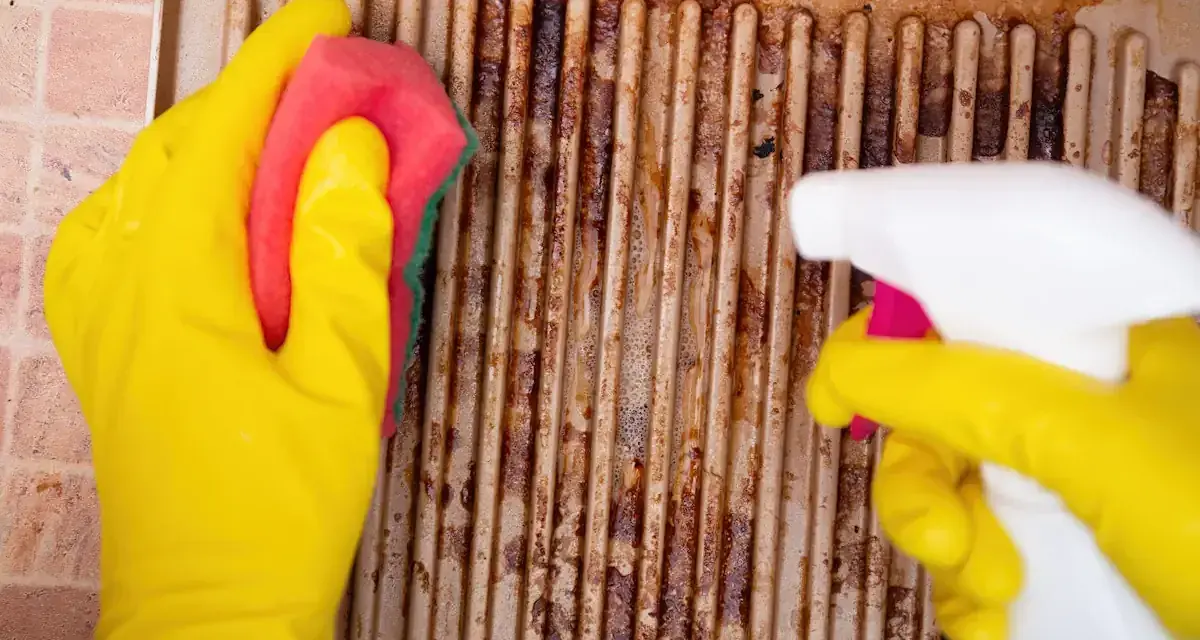 Gants jaunes, éponge et spray pour apprendre comment nettoyer le dessus d'une cuisinière en fonte.