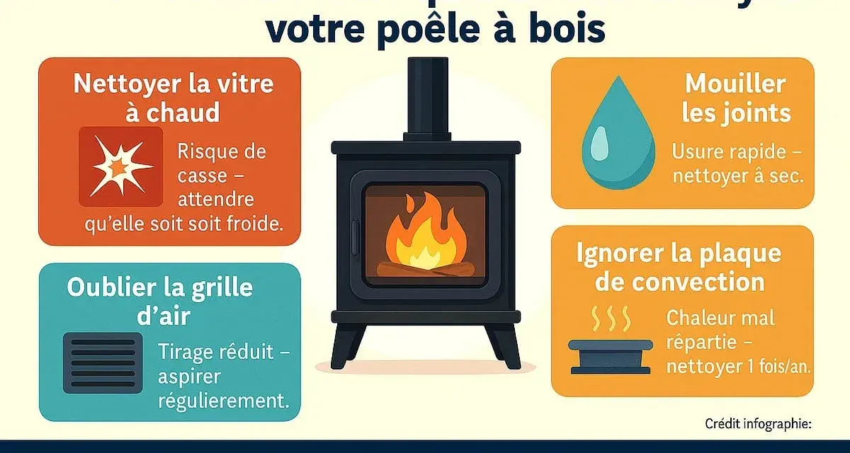 Infographie sur l'entretien d'un poêle à bois. Évitez 4 erreurs : nettoyer la vitre à chaud, mouiller les joints, oublier la grille d'air, ignorer la plaque de convection. Un bon entretien assure un poêle performant.