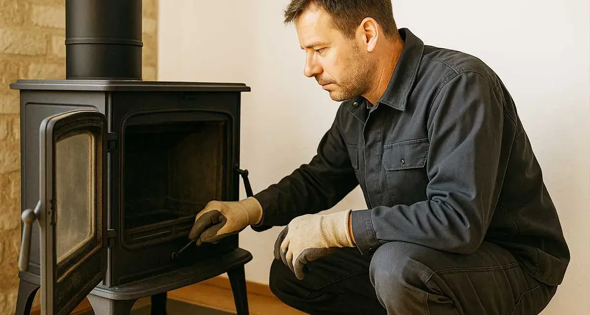Un homme installe un poêle à granulés, vérifiant le tubage. Le coût de l'installation est une préoccupation pour de nombreux propriétaires.