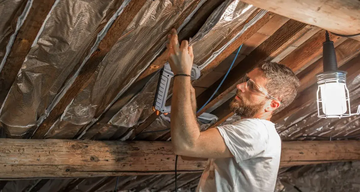 Un homme pose une isolation réfléchissante sous les chevrons. Il utilise une agrafeuse pour fixer le matériau. Ce chantier pourrait être éligible à un pret travaux CAF.