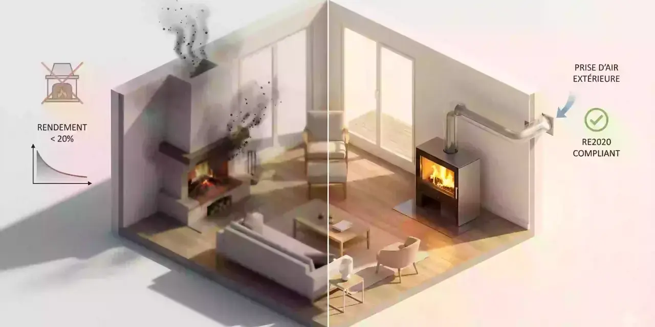 Comparaison : poêle à bois sans prise d'air extérieure (fumée, faible rendement) vs poêle moderne avec prise d'air extérieure (conforme RE2020).