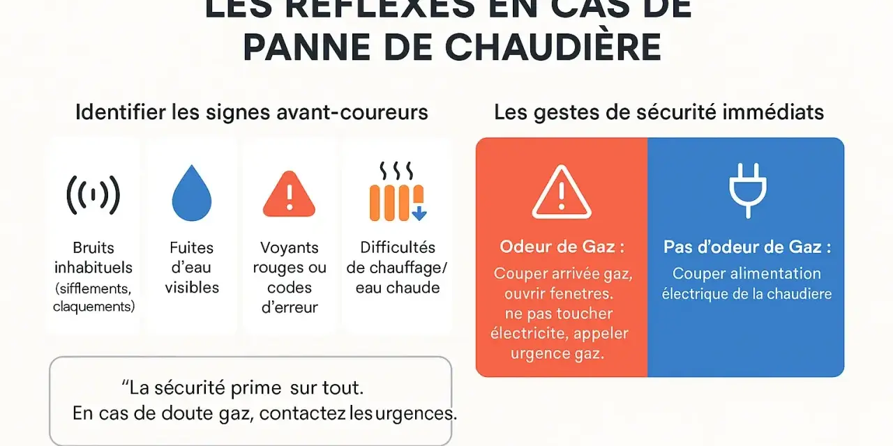Infographie : signes avant-coureurs et gestes de sécurité en cas de panne de chaudière.