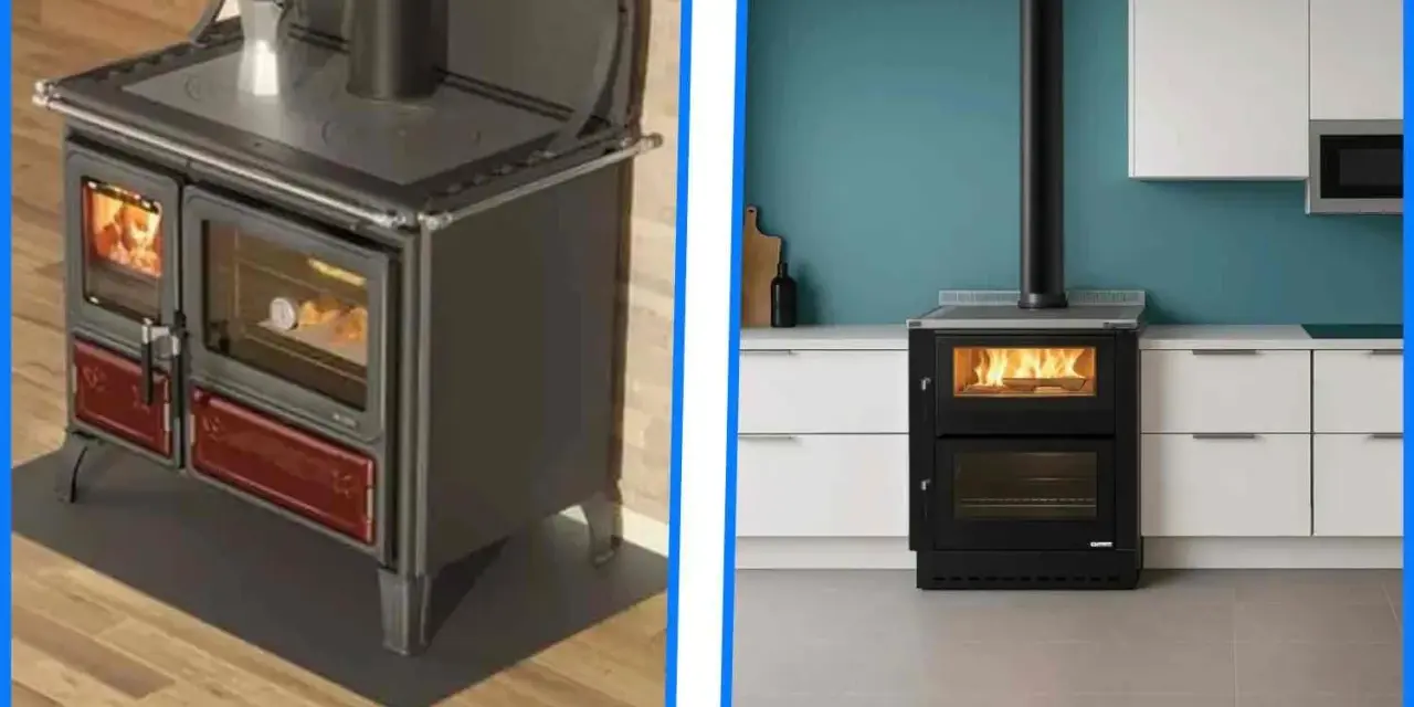 Cuisinière à bois ancienne et moderne dans une cuisine.