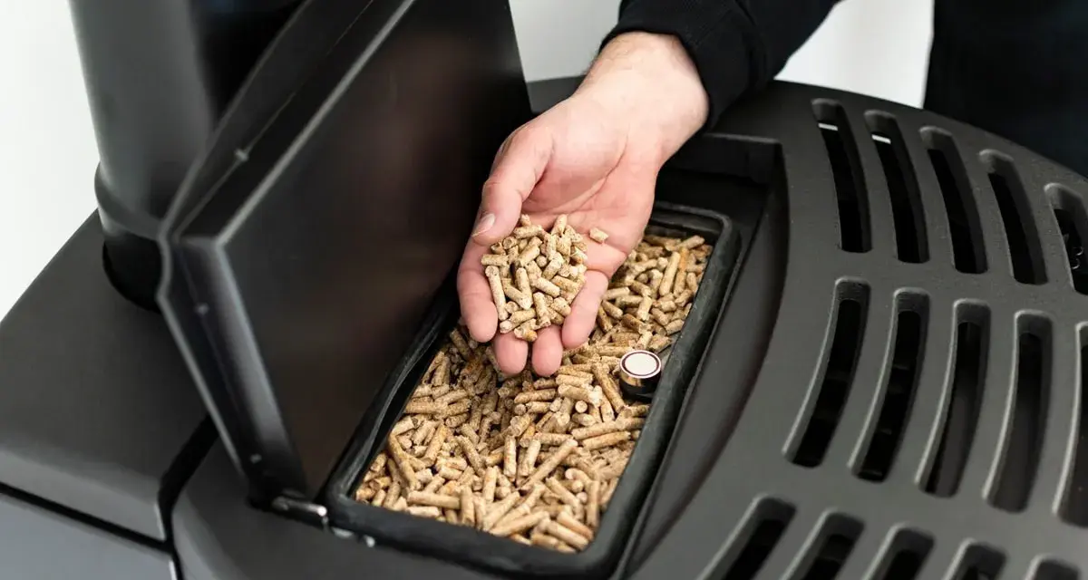 Main d'homme versant des granulés de bois dans un poêle, signalant une alarme manque pellet.