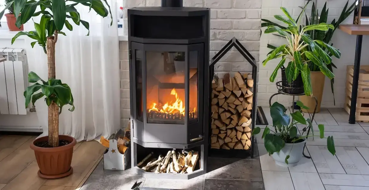 Poêle à bois allumé, entouré de plantes et de bois de chauffage. Une interdiction poêle à bois pourrait être envisagée pour des raisons de sécurité ou de pollution.
