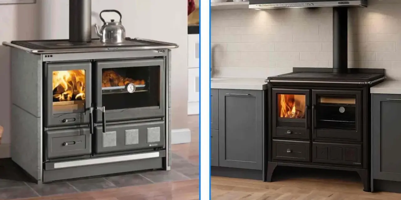 Deux cuisines modernes mettant en vedette des cuisinières à bois élégantes, l'une en pierre grise, l'autre en noir, avec des flammes vives dans le four.