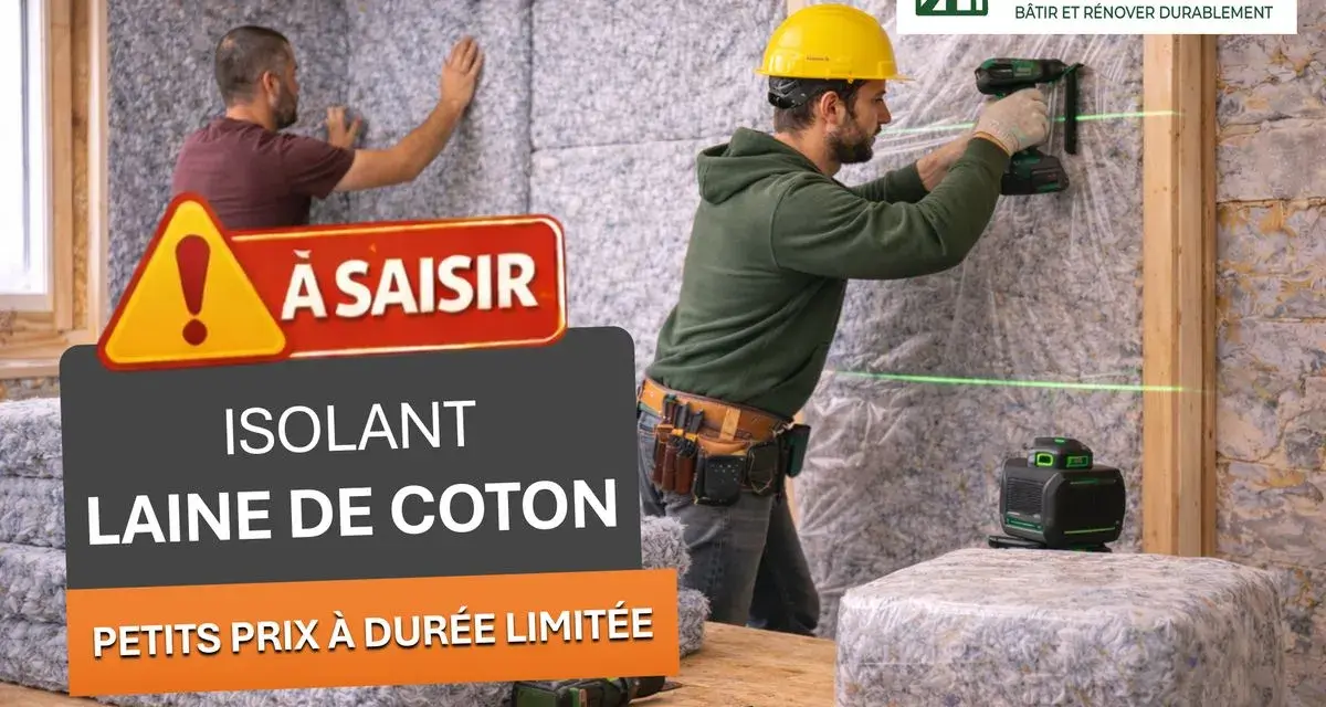 Pose d'isolant en laine de coton recyclé par des ouvriers.