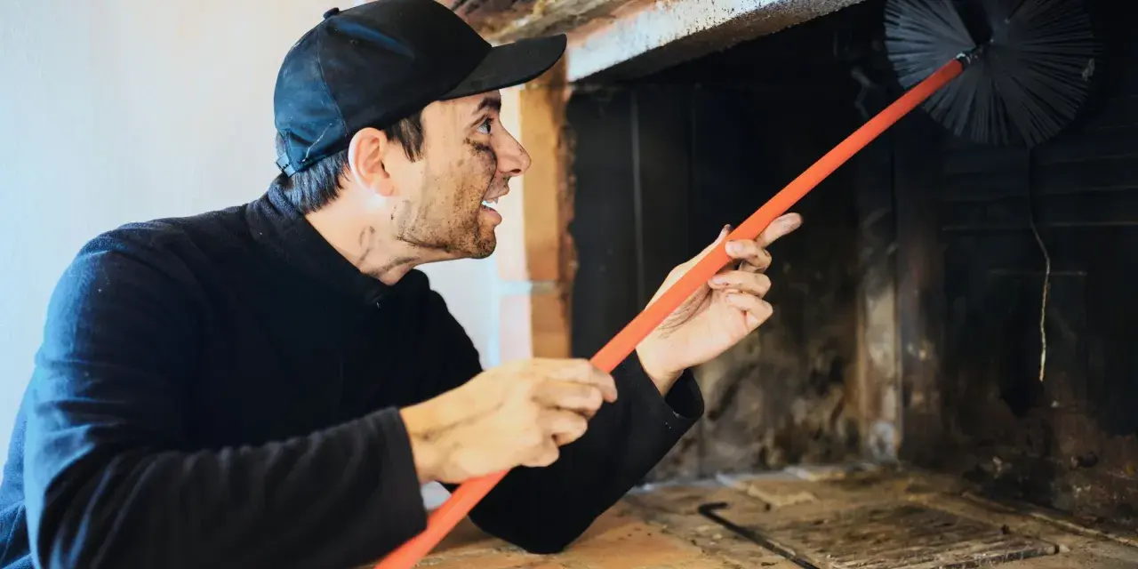 Ramoneur au visage barbouillé de suie utilise une brosse pour nettoyer le conduit d'un poêle à bois, assurant le bon fonctionnement du deflecteur poele a bois.