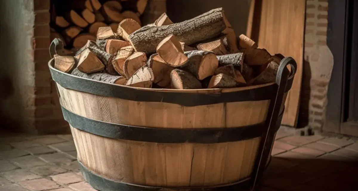 Un seau en bois rempli de bûches de bois de chauffage devant une cheminée.