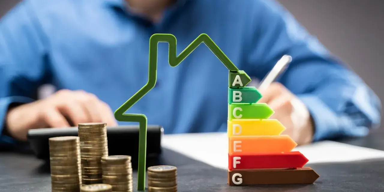 Calcul des conditions pour un prêt avance rénovation. Une maison verte, des pièces et un classement énergétique.