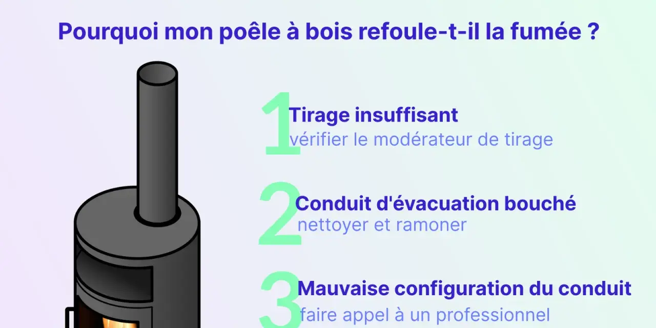 Illustration d'un poêle à bois avec un conduit. Le texte explique les causes d'un mauvais tirage poêle à bois : tirage insuffisant, conduit bouché ou mauvaise configuration.