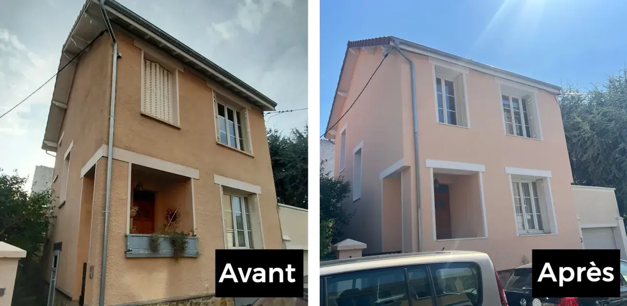 Avant/après : une maison rénovée avec une isolation extérieure moderne, des fenêtres plus claires et une façade rafraîchie.