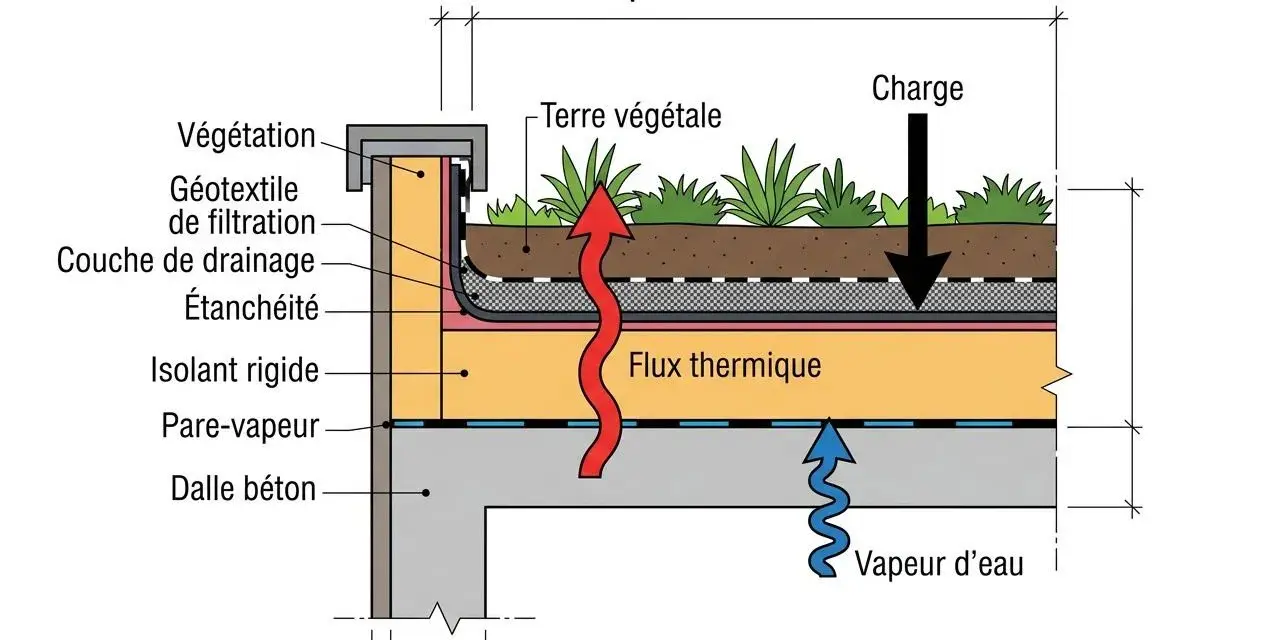Schéma d'une toiture végétalisée montrant les couches d'isolation et les flux thermiques.