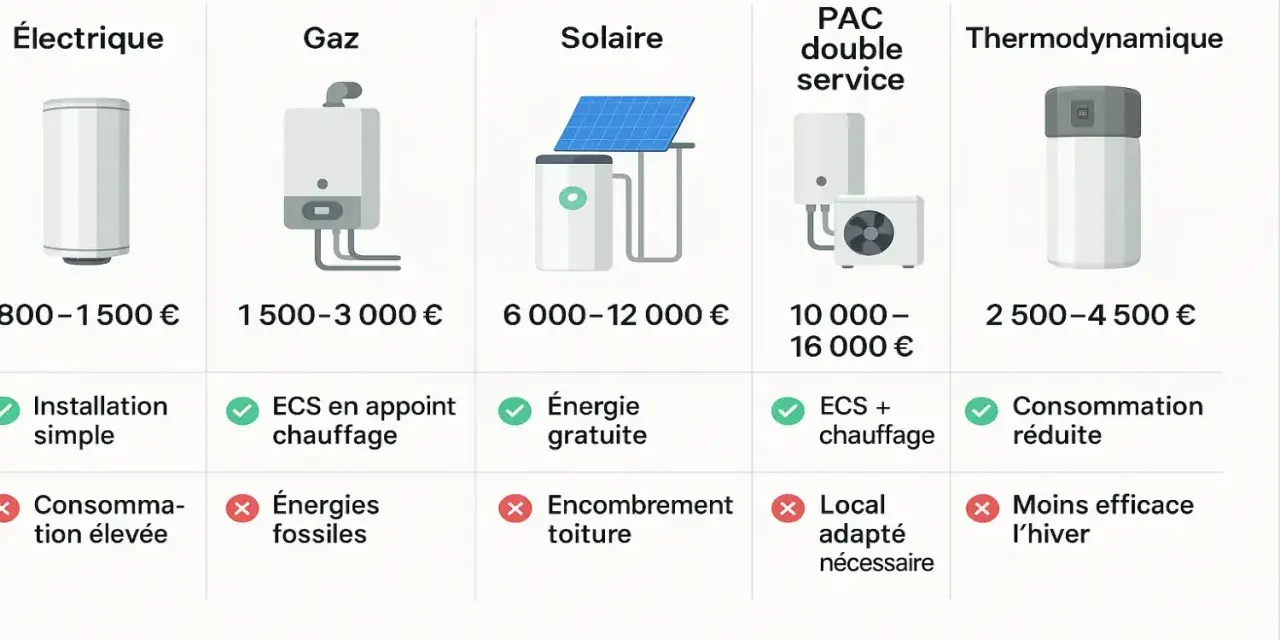 Comparatif des systèmes de chauffage : électrique, gaz, solaire, PAC double service et thermodynamique. Le chauffe eau thermodynamique est une option intéressante pour le dispositif Prime Renov.