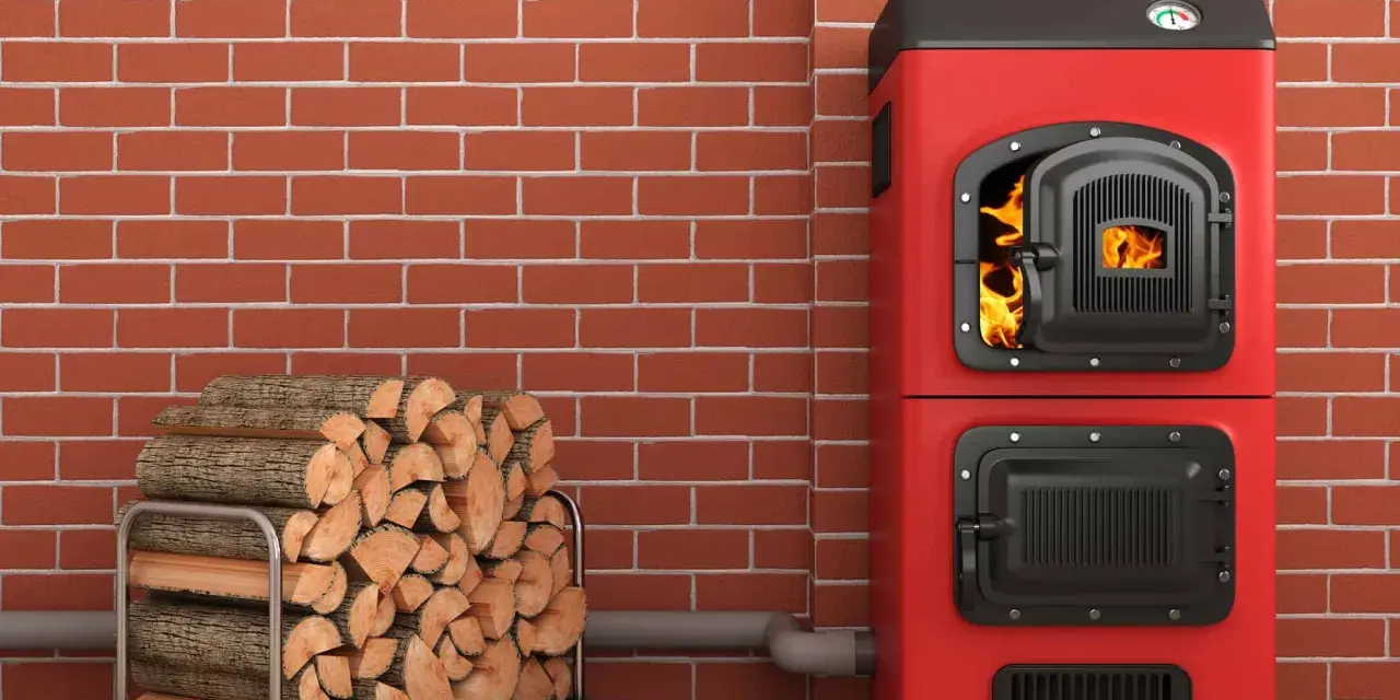 Une chaudière biomasse rouge flamboyante, avec une porte ouverte révélant des flammes vives, est prête à chauffer une maison. À côté, une pile de bois de chauffage attend patiemment.