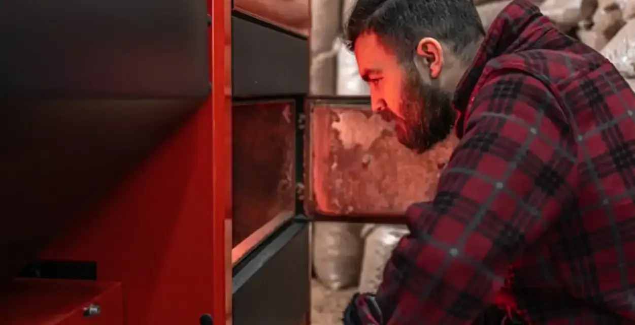 Homme vérifiant un poêle à granulés, peut-être une alarme 6 s'est déclenchée. Sacs de granulés en arrière-plan.