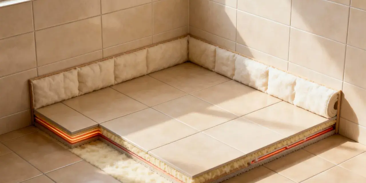Coupe d'un sol carrelé montrant l'isolation sous carrelage avec un système de chauffage intégré, pour un confort optimal.