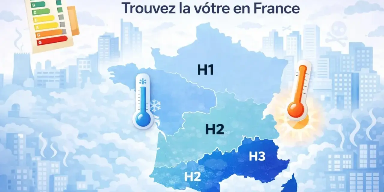 Carte de France divisée en zones climatiques DPE : H1 (Froid), H2 (Tempéré) et H3 (Chaud).