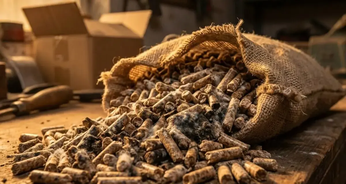 Sac de granulés de bois renversé sur un établi, prêt pour le stockage dans un garage.