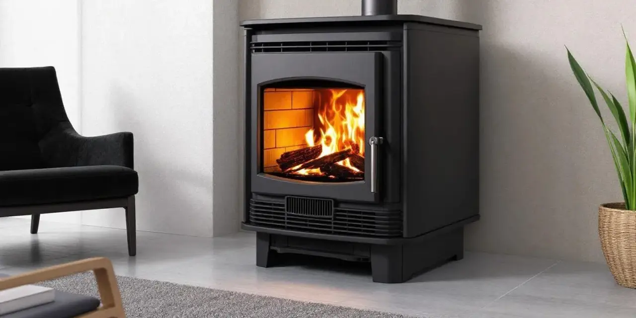 Poêle à bois moderne, flammes vives réchauffant la pièce. Les granulés ne tombent plus, juste du bois qui crépite. Un fauteuil noir et une plante verte complètent la scène.