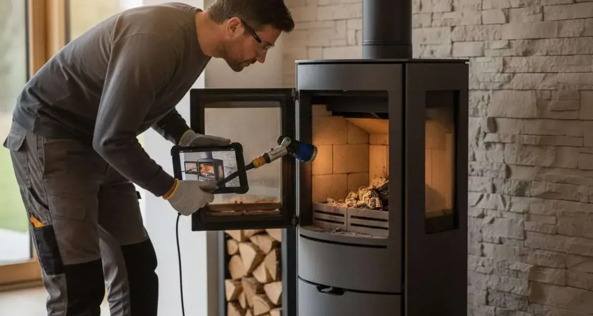Un technicien examine un poêle à granulés Cadel avec une tablette, peut-être pour diagnostiquer un problème.