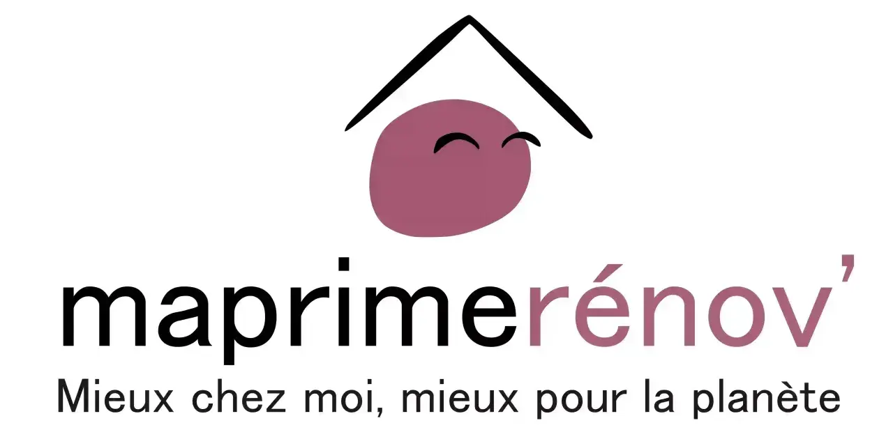 Logo Ma Prime Renov' violet, avec un toit stylisé et un visage souriant. "Mieux chez moi, mieux pour la planète.