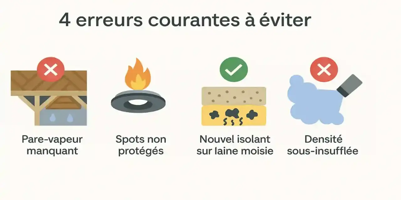 Erreurs courantes en isolation sous toiture : pare-vapeur manquant, spots non protégés, nouvel isolant sur laine moisie, densité sous-insufflée.