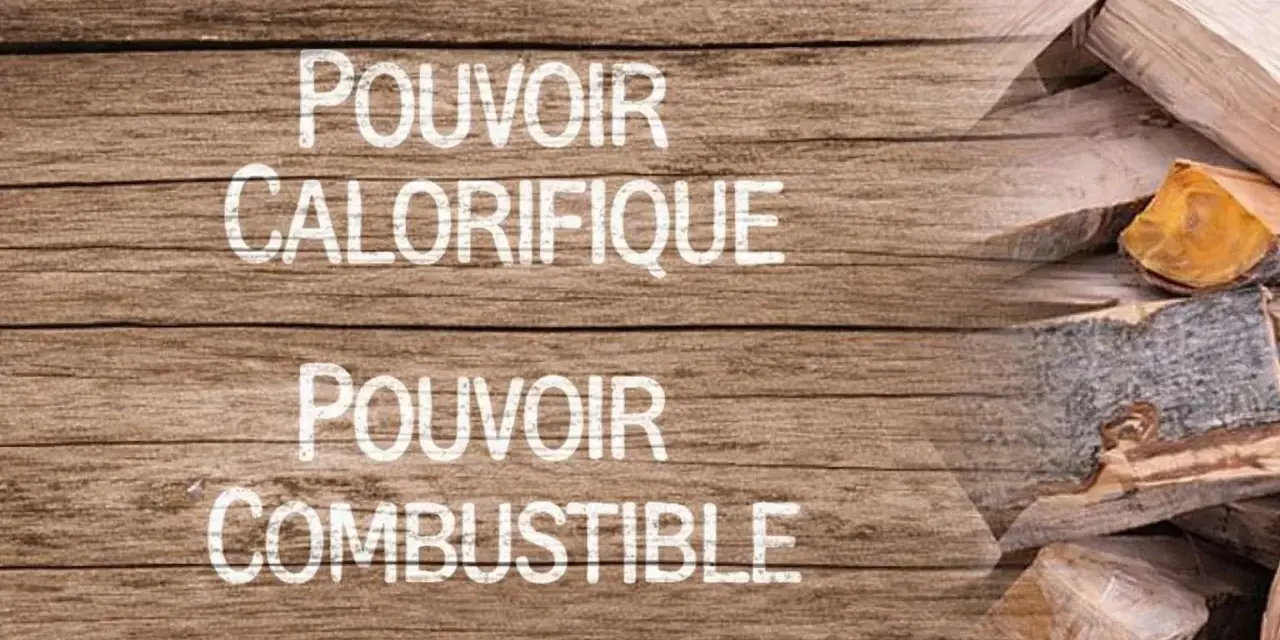 Texte sur fond de bois : "Pouvoir calorifique" et "Pouvoir combustible", avec des bûches de bois empilées sur la droite.