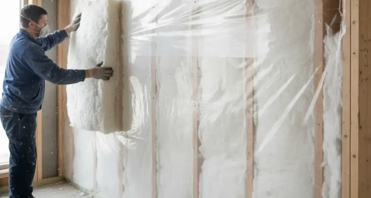 Un ouvrier installe un panneau d'isolant blanc dans un mur intérieur en bois, recouvert d'une bâche plastique transparente.
