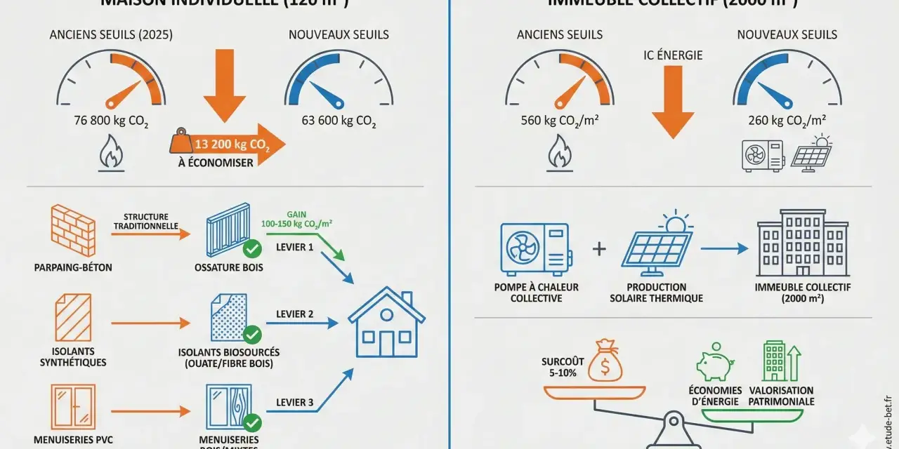 Comparaison des émissions de CO2 pour une maison individuelle et un immeuble collectif, illustrant les gains grâce à l'isolation et aux énergies renouvelables.