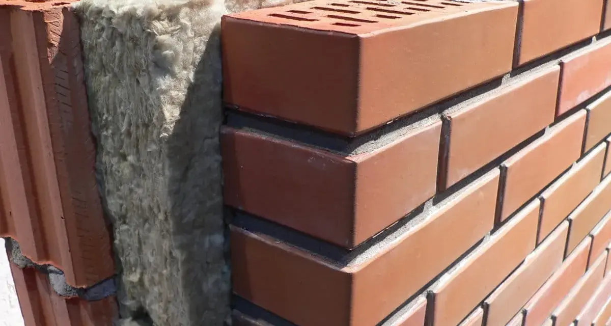 Gros plan sur un mur creux en briques avec isolation en laine minérale visible.