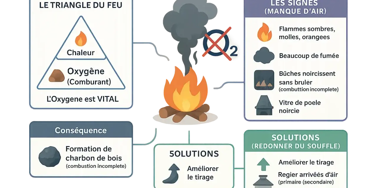 Le feu manque d'air : flammes sombres, fumée, bûches noircissent sans brûler. Le bois qui ne brûle pas est un signe de combustion incomplète. Solutions : améliorer le tirage.