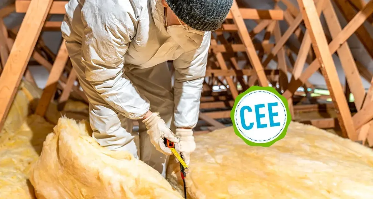 Pose d'isolant dans un grenier, avec un logo CEE. Un ouvrier mesure la laine de verre pour un projet d'isolation.